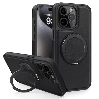 For iPhone 16 Pro Max Magnetic Case Kickstand Leather Luxury Protective Cover