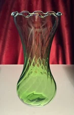 Vintage Green Flower Vase Ruffled Top Swirled Pattern- 7" High