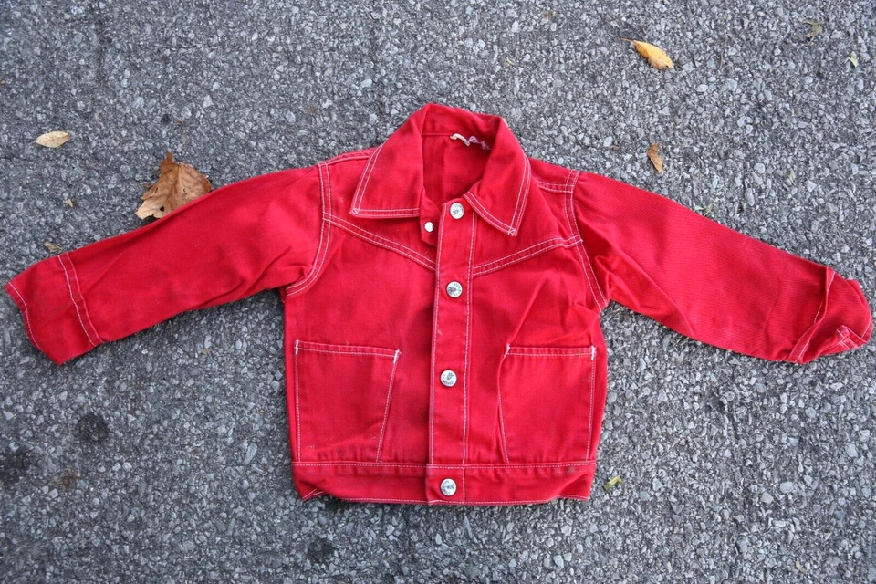 Vintage 60s Denim Jacket Stove Pipe Childrens Workwear Farm Chore Coat red - Image 2 of 4