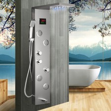 LED Brushed Nickel Faucet Rain Shower Panel Column Massage Jets Mixer Taps Set