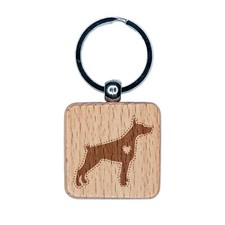 Dobermann Pinscher Dog with Heart Engraved Wood Square Keychain Tag Charm