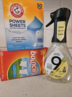 Cleaning Products. Bounce Dryer Sheets, Arm And Hammer Sheets, 9 Elem Dish Spray