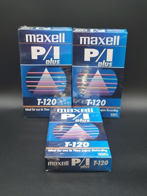 Maxell VHS Tapes P/I Plus T-120 Time Lapse Recording New Sealed Lot of 3 Tapes