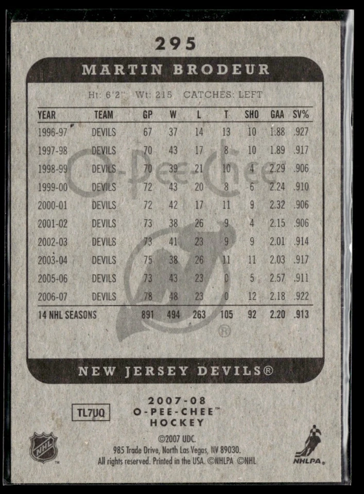 2007-08 O-Pee-Chee Martin Brodeur #295 H5R3F - Image 2 of 2