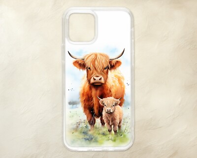 Süße Handyhülle Highland Kuh und Baby Kalb Aquarell iPhone Samsung Motorola
