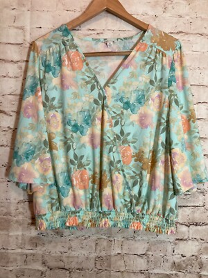 CAto Top Womens Medium Light Turquoise Watercolor Floral Flare Sleeve Romantic