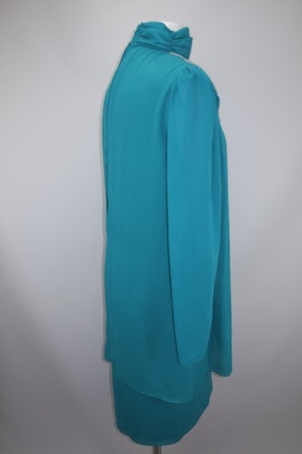 Vtg 80s PATRA Teal Sequin Chiffon Organza Cape Design Knee Length Dress Sz 10 - Picture 11 of 12