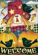 SCARECROW WELCOME PUMPKINS CROWS AUTUMN LEAVES SMALL 18"X12" GARDEN FLAG ART