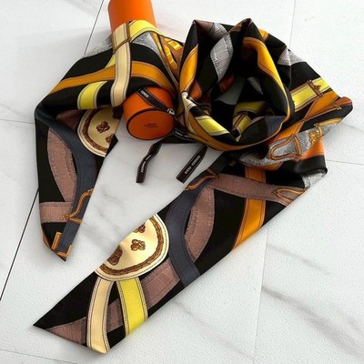 Hermes Maxi Twilly Scarf 100 Silk Belt Pattern Black
