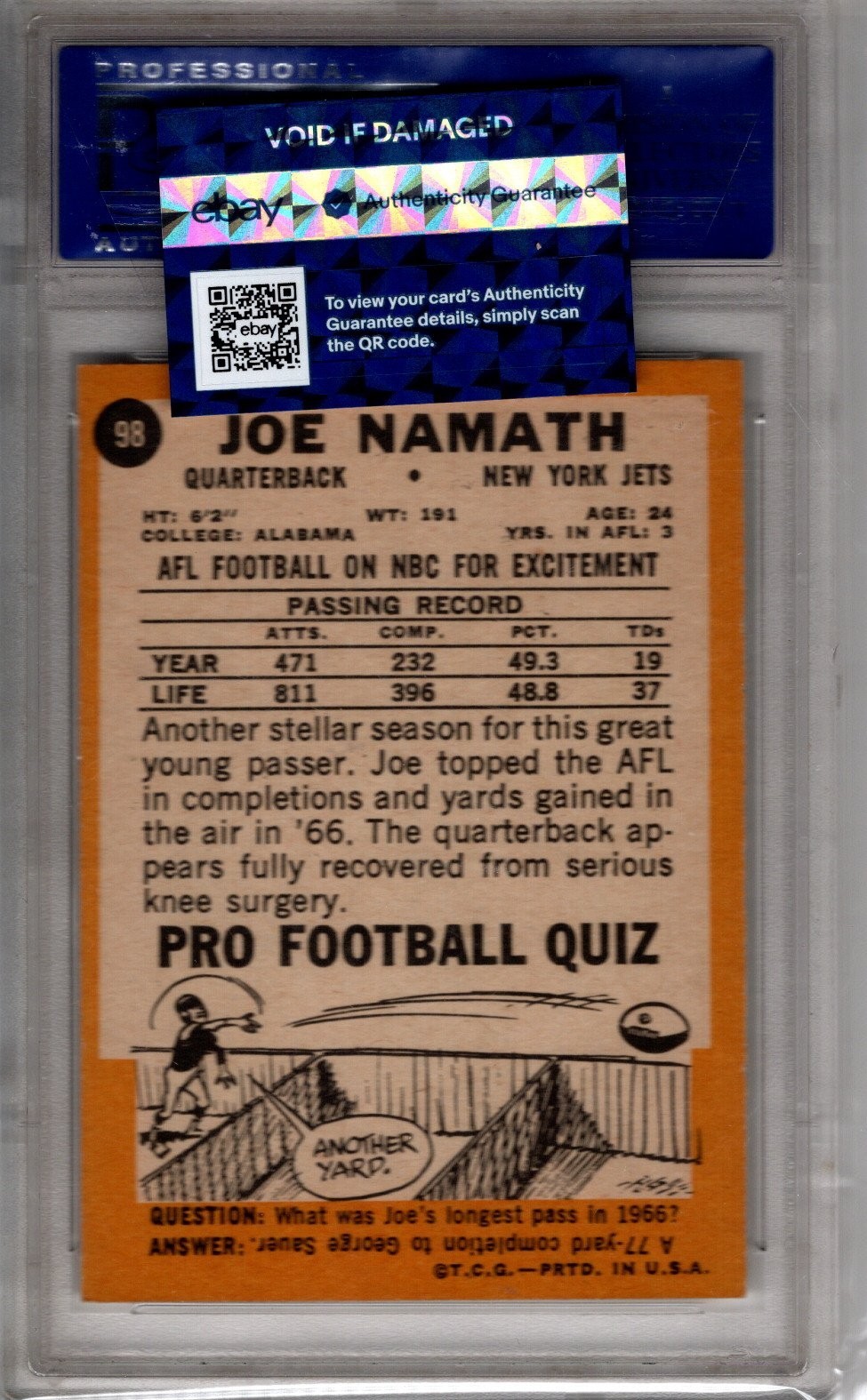 1967 Topps #98 Joe Namath PSA 8  New York Jets view 2