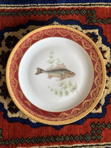 Limoges France Dartigeas Fisch Servierplatte und Teller Burgund und Gold Teller - Bild 10 von 17