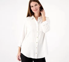 Susan Graver Petite Pure Linen Blend Button Front Shirt-White-Petite 1X-A596335