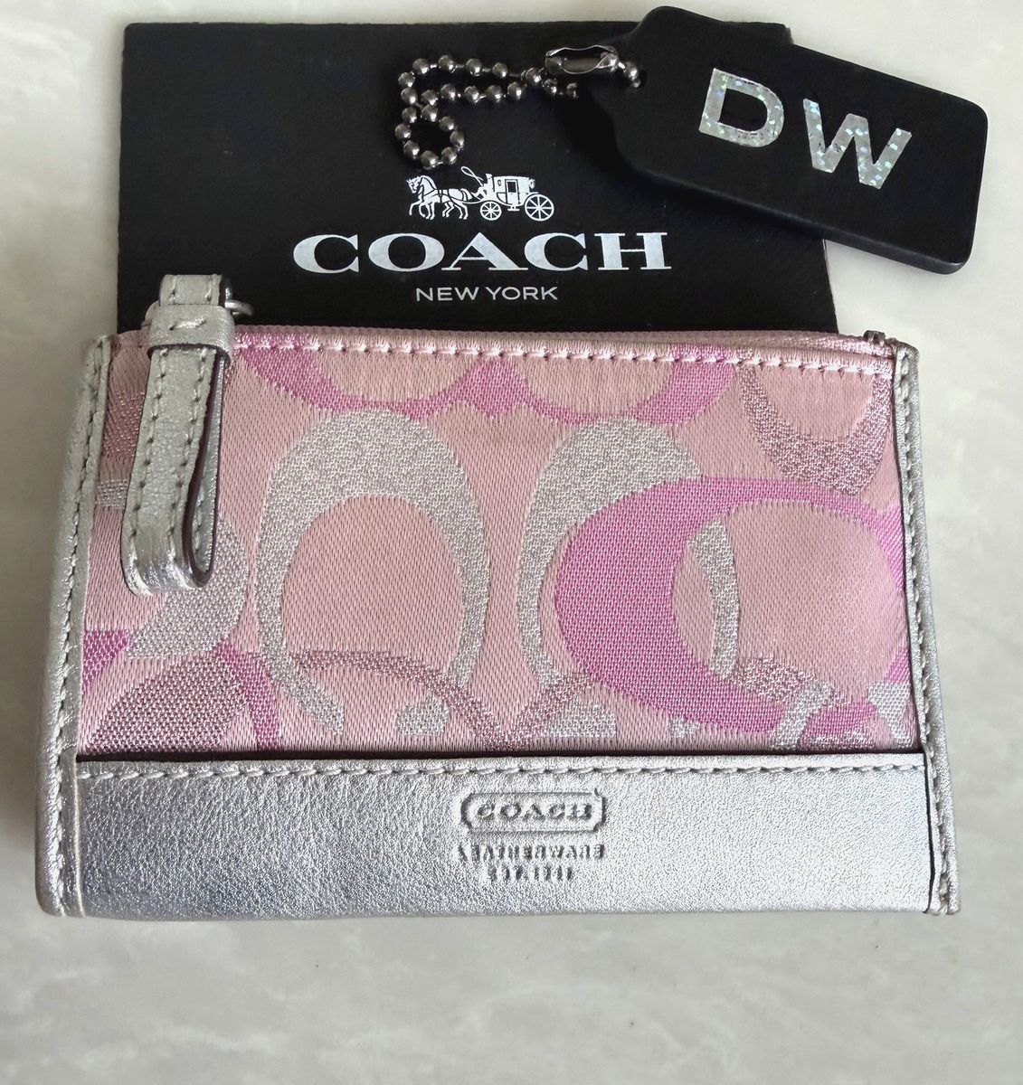 COACH PINK / SILVER SIGNATURE LUREX SMALL CARD CASE ZIP COIN PURSE