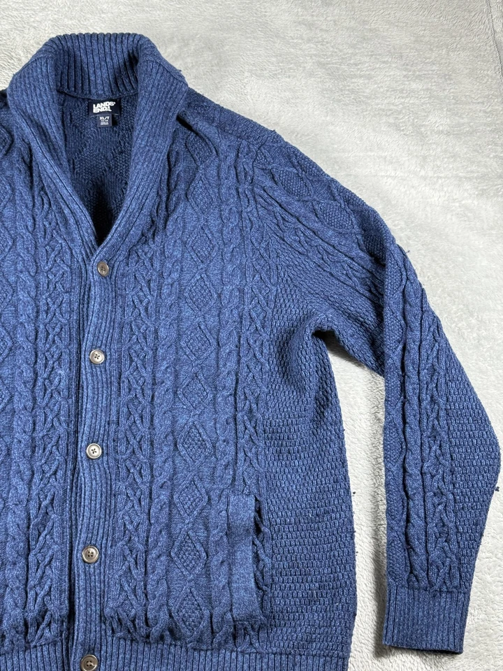 Lands End Sweater Mens XLT Blue Cardigan Shawl Cable Knit Fisherman Grandpa - Image 3 of 4