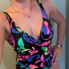 Vintage 80s Mainstream neon floral leaf one piece swimsuit Size 14