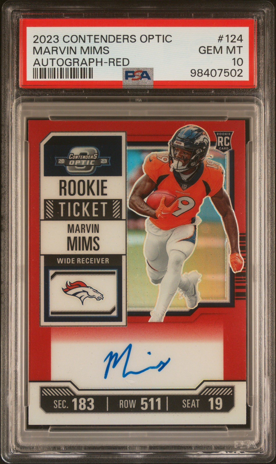 Marvin Mims 2023 Contenders Optic Rookie Ticket Auto Red /125 Prizm PSA 10