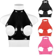 Women's Open Cup Wet Look Glossy PVC Leather Hollow Out Sexy Bras Tops Lingerie