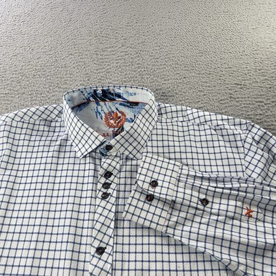 Au Noir Shirt Mens XXL White Blue Plaid Button Long Sleeve Flip Cuff Casual