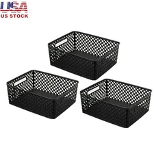 Medium Black Woven Storage Basket Set 3 Pack W/ Handles Home Office Organization