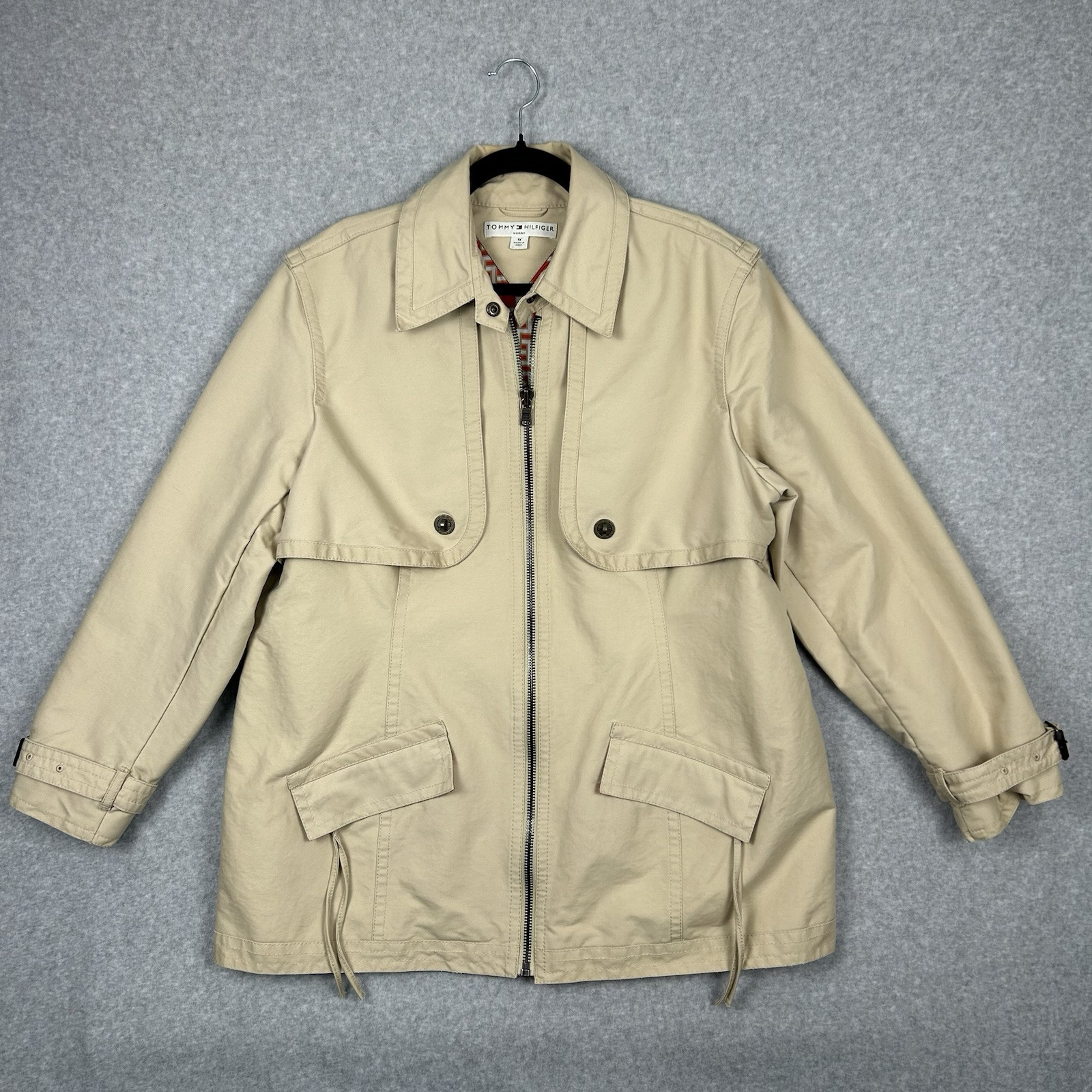 Tommy Hilfiger Womens Plus Size 1X Khaki Trench Coat Vintage Lined Belted Zip Front