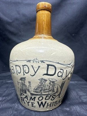 Antique Happy Days Famous Old Rye Whiskey Stoneware Jug Flagon 1900s 