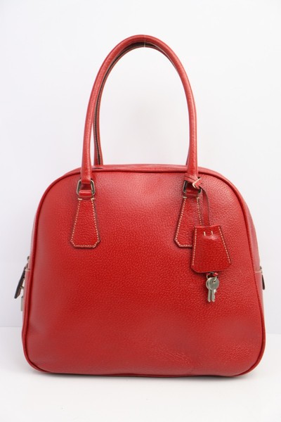 Prada Red Leather Top Handle Bag Padlock Key Authentic Luxury Satchel 12.6" W