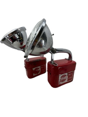 2x Vtg Big Beam No. 211 Lanterns Red Chrome Industrial Decor Prop Rusty USA