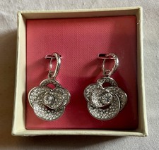 Ted Baker London Silver Huggie Earrings with Faux Diamanté Floral Drop BNWT
