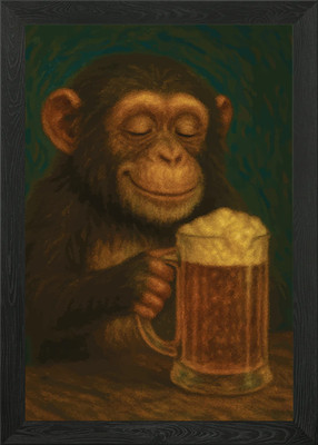 Gerahmtes Wandbild Poster Leinwanddruck Bild Schimpanse genießt ein Bier Bier getrieben