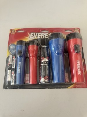Pack of FOUR Eveready 25 lumens Blue/Red LED Flashlights AA/D Battery 
