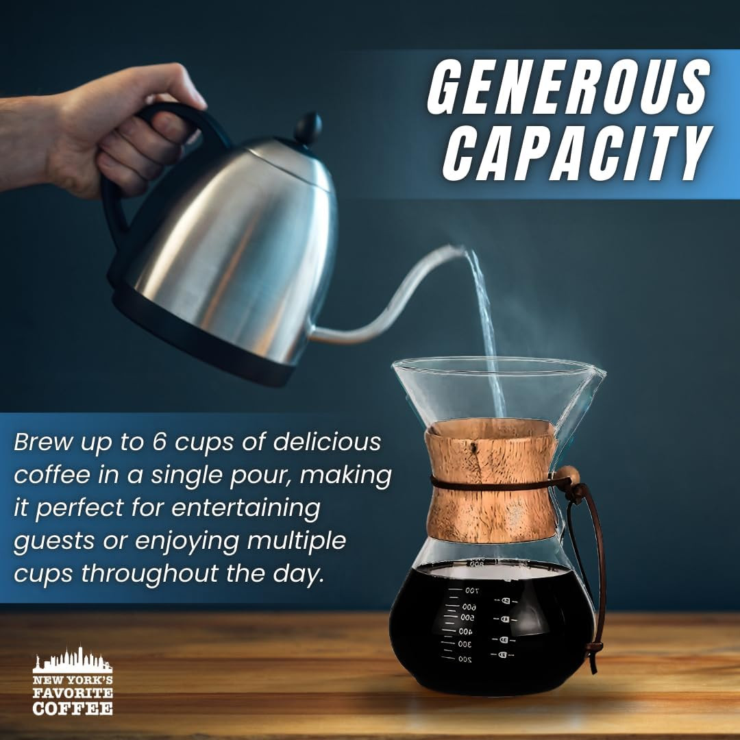 - 6 Cup Pour over Coffee Maker,Borosilicate Glass Carafe with Wooden Collar,Drip