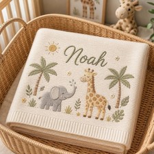 Personalized Safari Knit Baby Blanket Custom Giraffe Elephant Jungle Keepsake