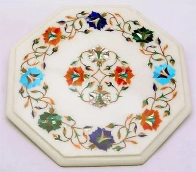 12'' White Marble Corner Table Top Pietra Dura Multi Stone Inlay Decor   