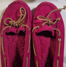 Coach Antonia Women s Moccasin Slippers Pink Suede Lined Rubber Sole Sz 7.5M
