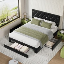Twin Full Queen Size Bed Frame w/Storage Drawers Leather Upholstered Headboard