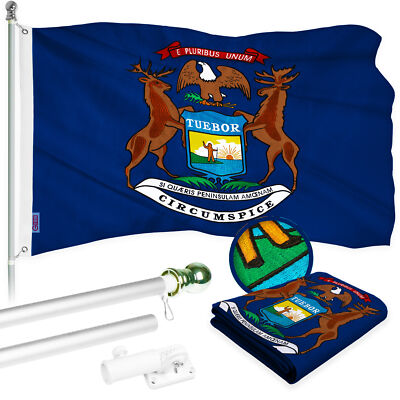 G128 Combo: 6 Ft Flagpole Silver & Michigan Flag 3x5 Ft Embroidered 300D Poly
