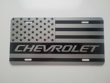 Chevrolet American Flag License Plate Gloss Black Plate Silver Flag