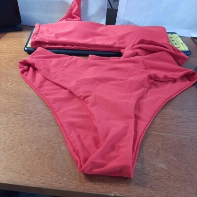 New ! Bikini Two Pieces Push Up Bra High Waist Half Shoulder Red Size L