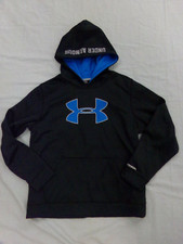 Youth Size Large Loose Under Armour Storm Pullover Hoodie Black W Blue Logo EUC