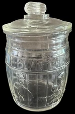 Vtg Planters Peanuts Running Mr. Peanut Glass Barrel Counter Jar Peanut Finial