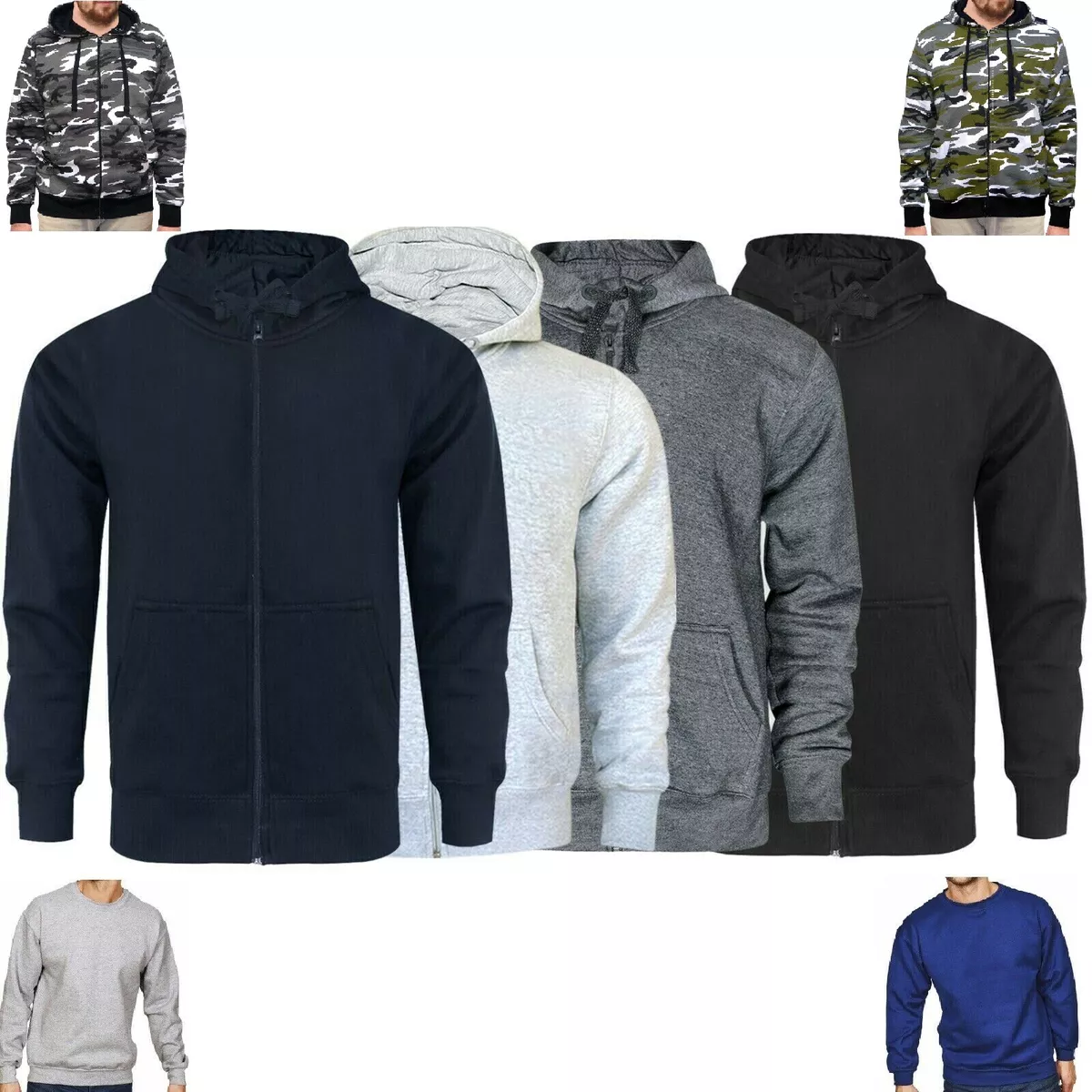 Mens Zip Up Jackets Hoodies Hooded Sweatshirt Fleece Plain Hoody Jumper  Pullover