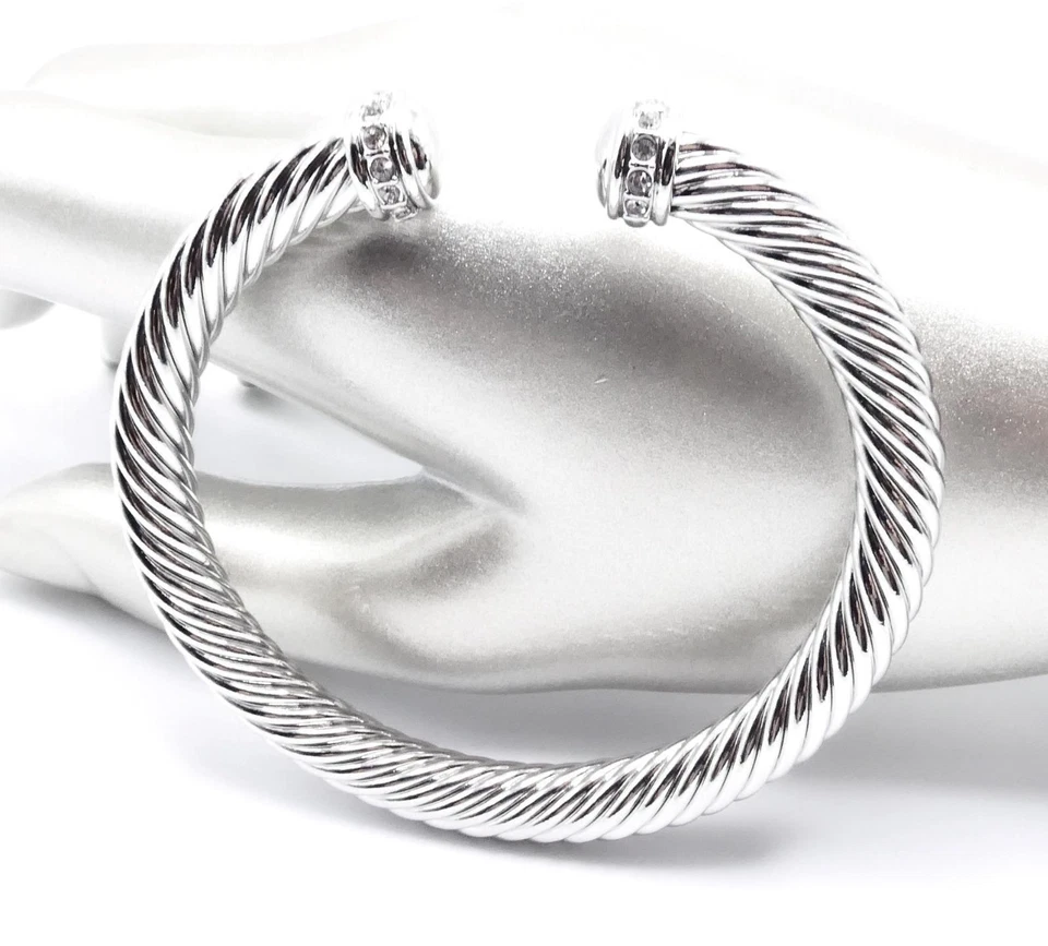 GORGEOUS Artisanal Unique Silver Twisting 12mm Cable Crystals Tip Cuff Bracelet - Image 3 of 4