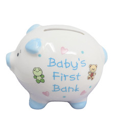 Vintage Babys First Blue Ceramic Piggy Bank w/ Teddie Bears Frogs Hearts