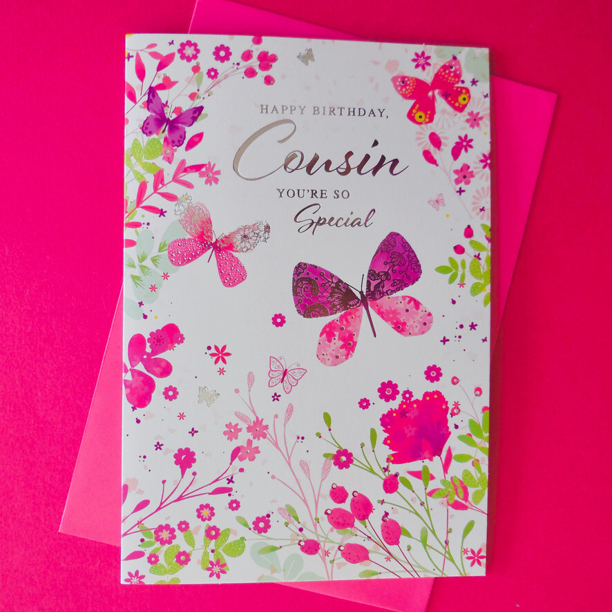 Cousin Happy Birthday Flowers Pink Butterflies Female Woman 19x13cm