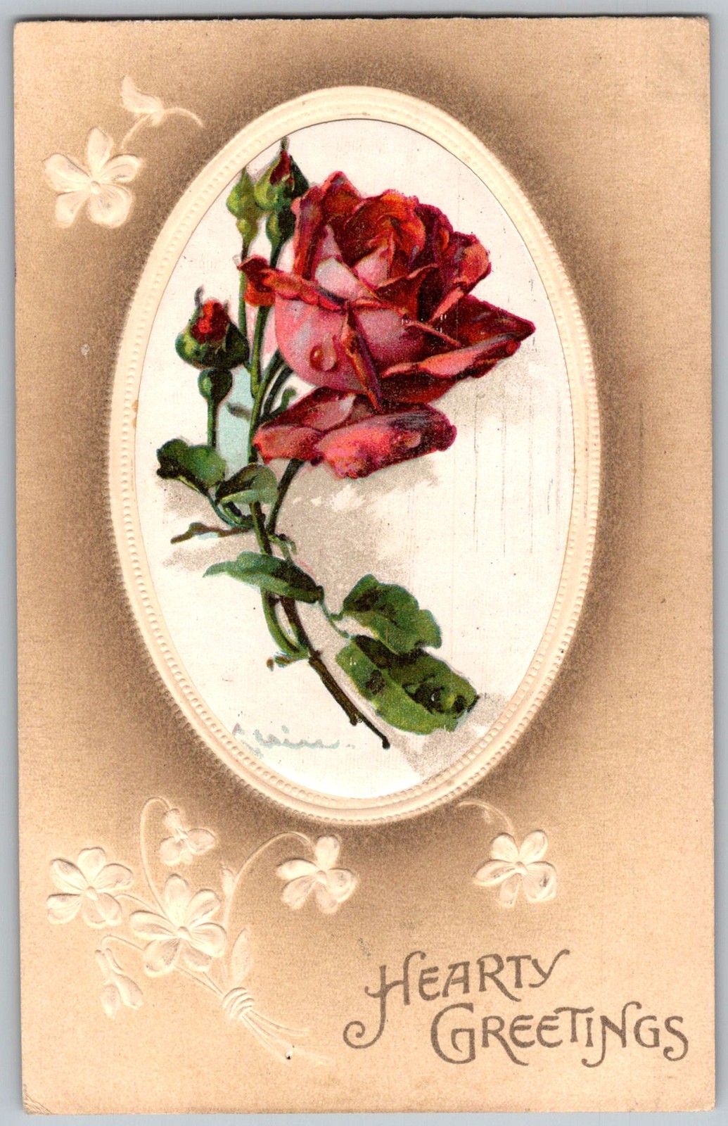 Antique Postcard Hearty Greetings Rose Keokuk, IA 1910s