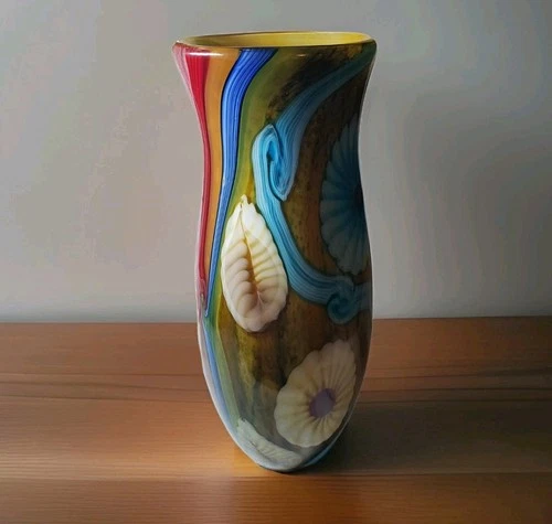Vintage LG Vibrant Hand Blown Murano Millefiori Swirl Art Glass Vase 15"