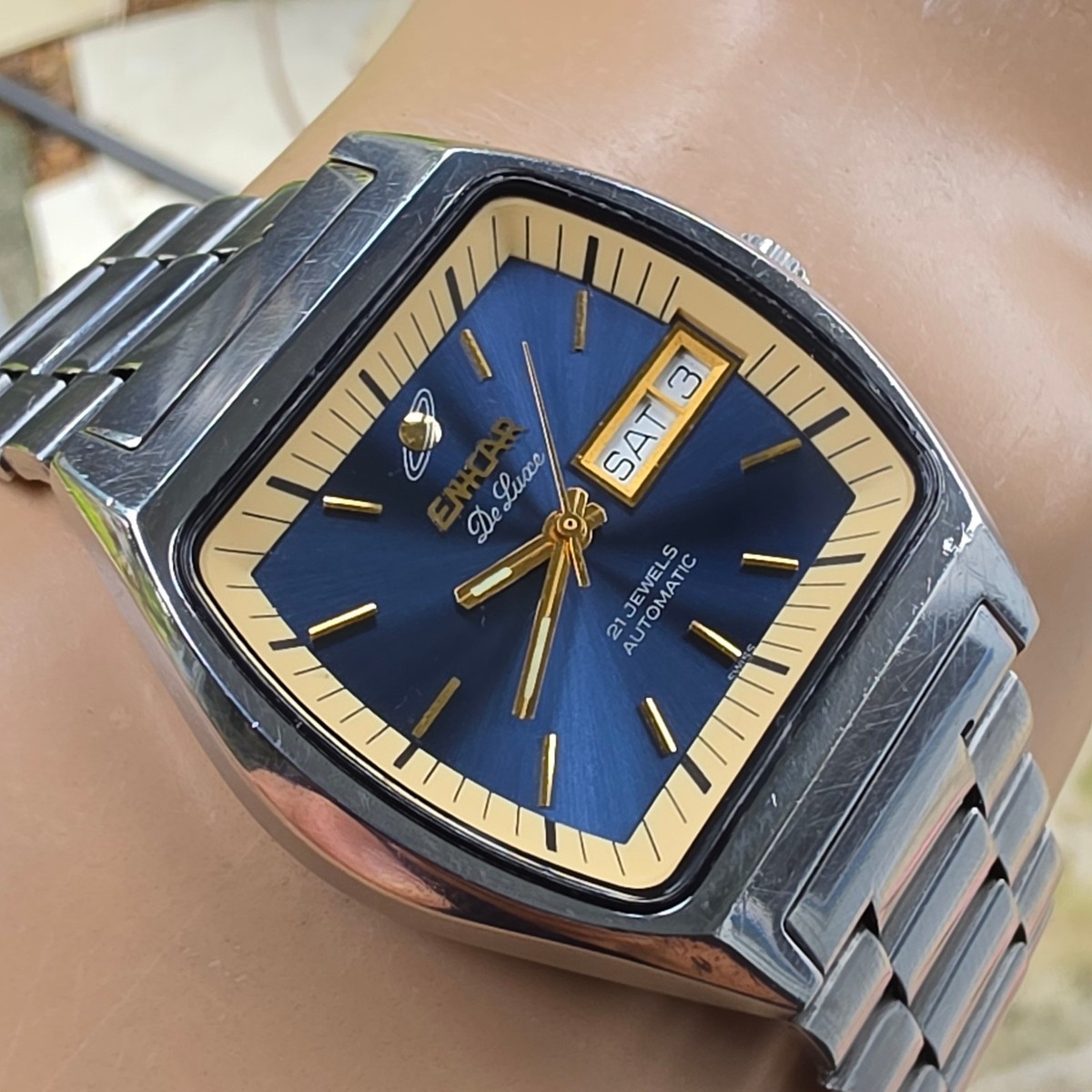 Vintage ENICAR De Luxe men's automatic watch day/date TV Case