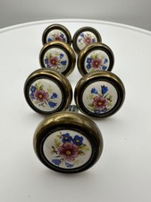 Vintage Porcelain Floral Cabinet Knobs 7 Pc Brass Tone Drawer Pulls Hardware