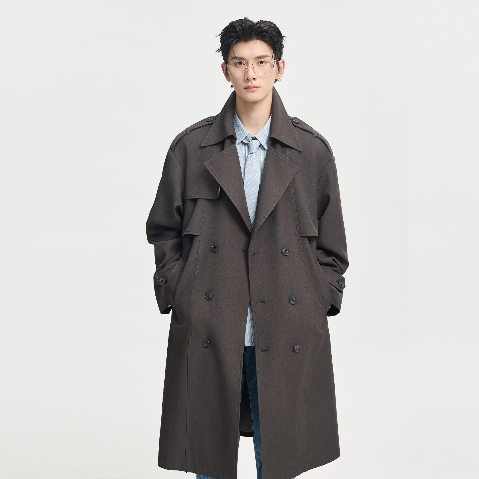 Mens Lapel Collar Mid Long Trench Coat Overcoat Spring Autumn Length 100cm-110cm