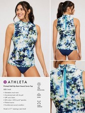 Athleta Floral Sleeveless Rash Guard Swim Top Small Blue UPF 1/4 Zip